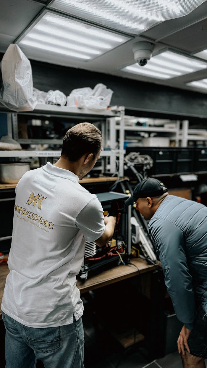 Two technicians collaborate in an electronics repair shop, focusing on intricate tasks.